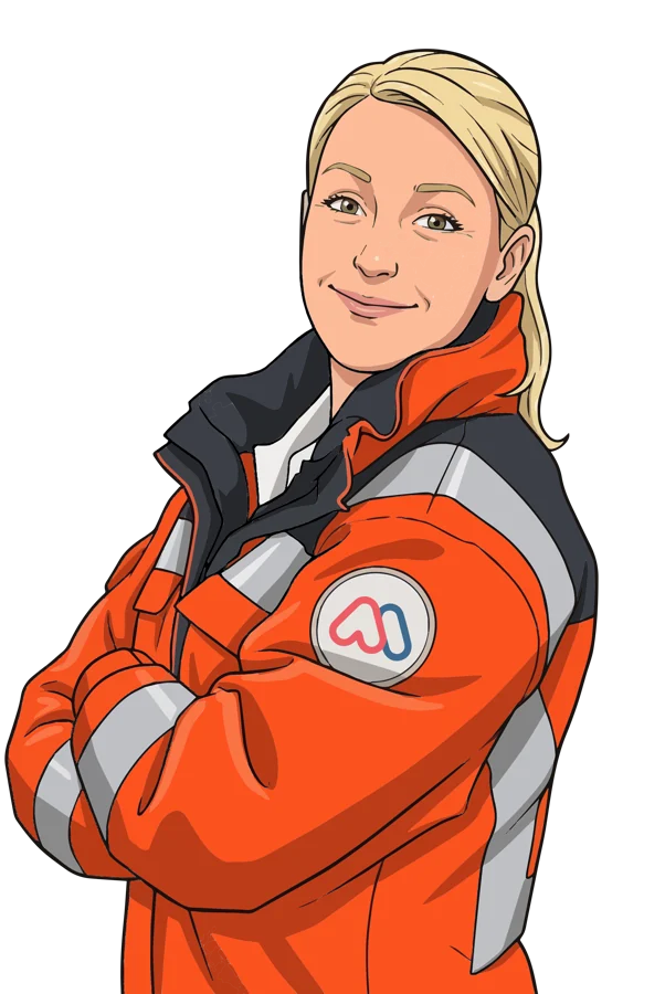 Illustration einer Notfallsanitäterin in Einsatzjacke mit Medi-Know-Abzeichen